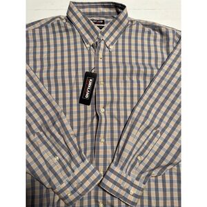 Kirkland Signature Button Down Shirt Mens 17.5 32/33 Blue Tan NEW Non-Iron Check